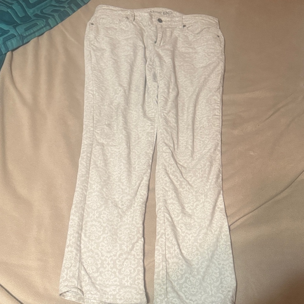 Lands' End Cream Patterned Straight Leg Jeans
